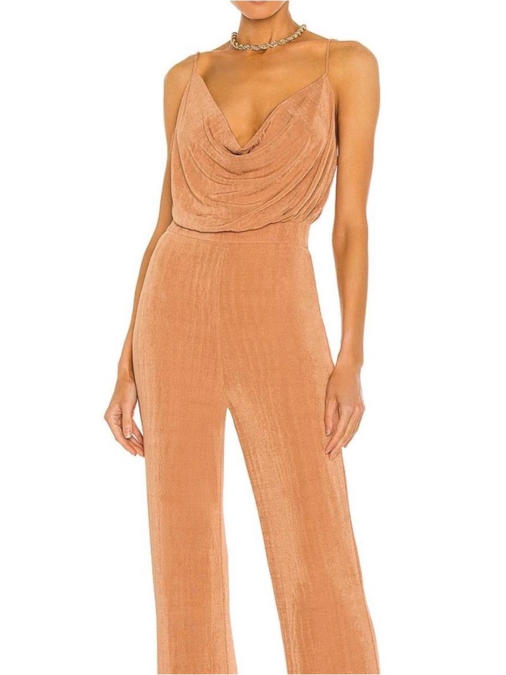 Cowl-Neck Tan Spaghetti-Strap Jumpsuit